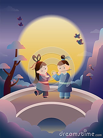China chic illustration of the cowherd and the weaver girl meet on Qixi Festival or Qiqiao Festival. Vector Illustration